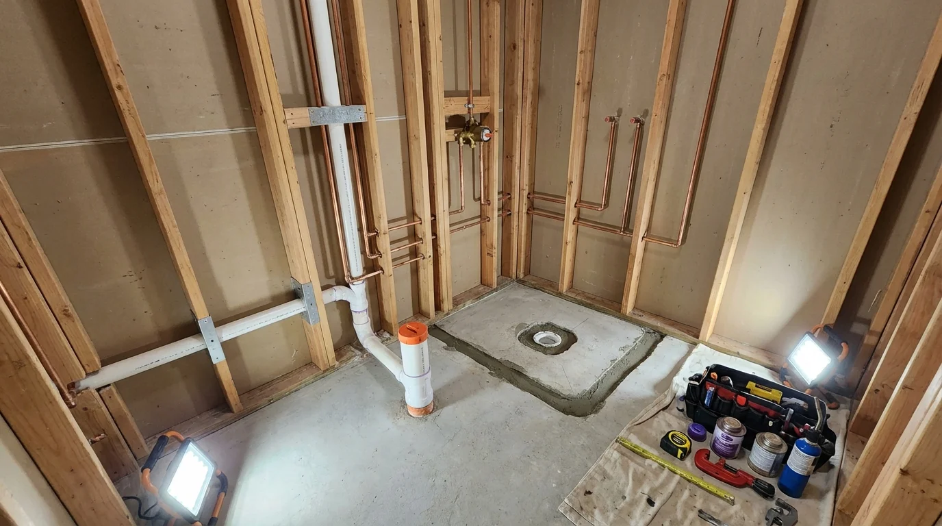 Bathroom rough-in plumbing during remodel by Johns Plumbing LLC in Halls