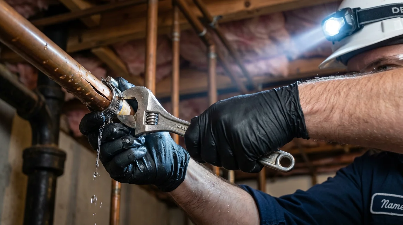 Emergency pipe clamp repair being performed by a Johns Plumbing LLC plumber in Halls