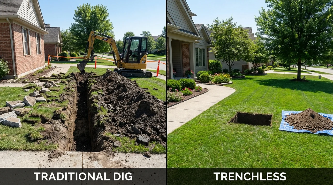 Trenchless sewer repair with minimal yard damage versus traditional excavation in Halls, TN