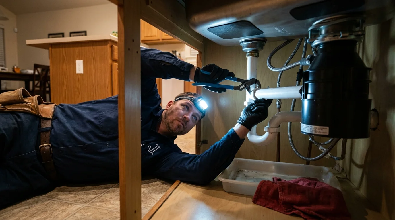 P-trap and supply line connections under a kitchen sink showing a common leak point in Halls, TN
